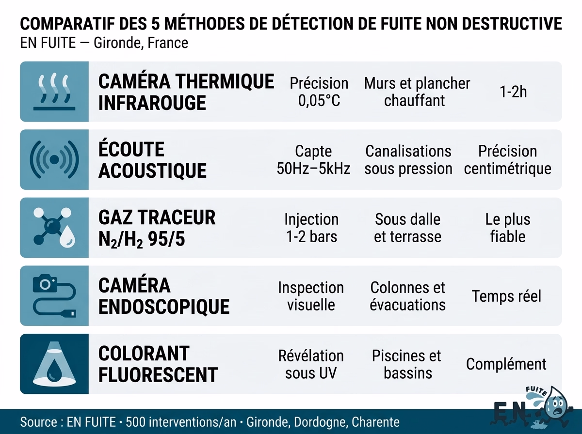 Infographie comparatif des 5 méthodes de détection de fuite d'eau non destructive : caméra thermique infrarouge (0,05 °C précision), écoute acoustique (50 Hz à 5 kHz), gaz traceur azote-hydrogène 95/5, caméra endoscopique, colorant fluorescent — EN FUITE Gironde