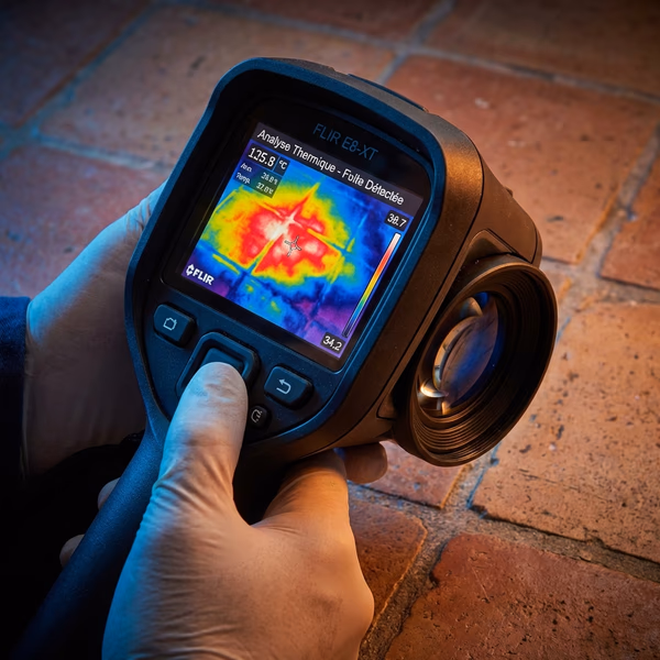 Technicien utilisant une caméra thermique pour détecter une fuite d'eau sous la dalle d'une maison