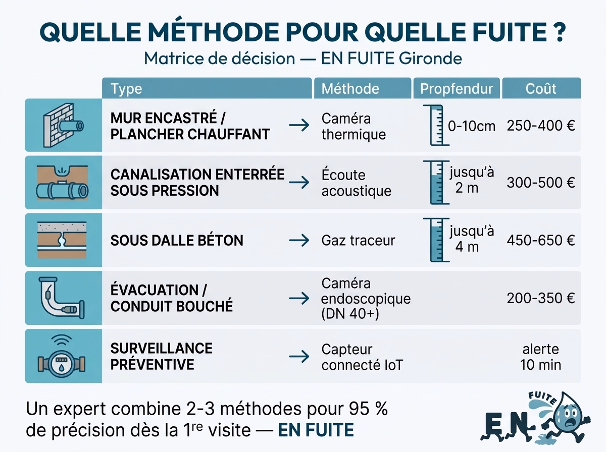 Matrice de décision : quelle méthode de détection selon le type de fuite et la profondeur — mur encastré/plancher chauffant : caméra thermique (0-10 cm, 250-400 €) ; canalisation enterrée sous pression : écoute acoustique (jusqu'à 2 m, 300-500 €) ; sous dalle béton : gaz traceur (jusqu'à 4 m, 450-650 €) ; évacuation : caméra endoscopique (200-350 €) ; préventif : capteur connecté