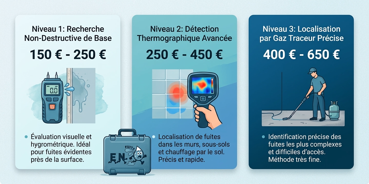 Comparatif des trois niveaux de tarif de recherche de fuite d'eau : diagnostic simple 150-250 €, recherche standard 250-450 €, recherche complexe gaz traceur 400-650 €