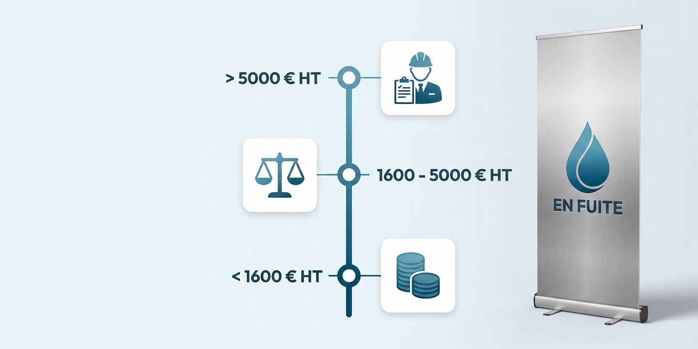 Infographie des deux tranches d'indemnisation de la convention IRSI : jusqu'à 1600 € HT, de 1600 à 5000 € HT, et au-delà de 5000 € HT hors convention