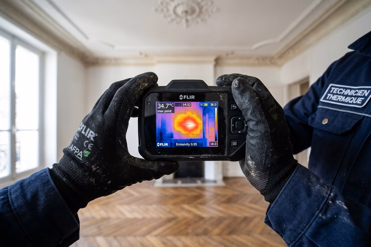 Caméra thermique Flir utilisée sur un mur haussmannien à Bordeaux pour localiser une infiltration